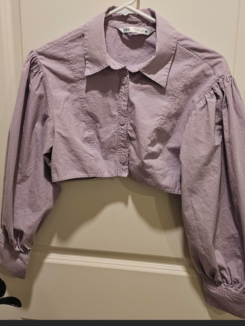 Zara Lilac Cropped Button-Down with Puff Sleeves